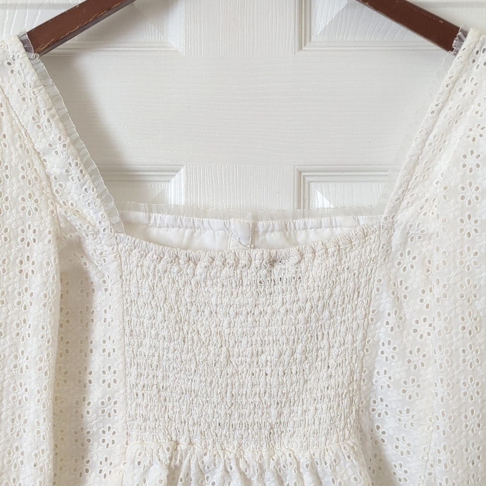 Joie Eyelet Embroidered Square Neck Form Fitting Long Sleeve Cropped Top White S - Picture 11 of 12